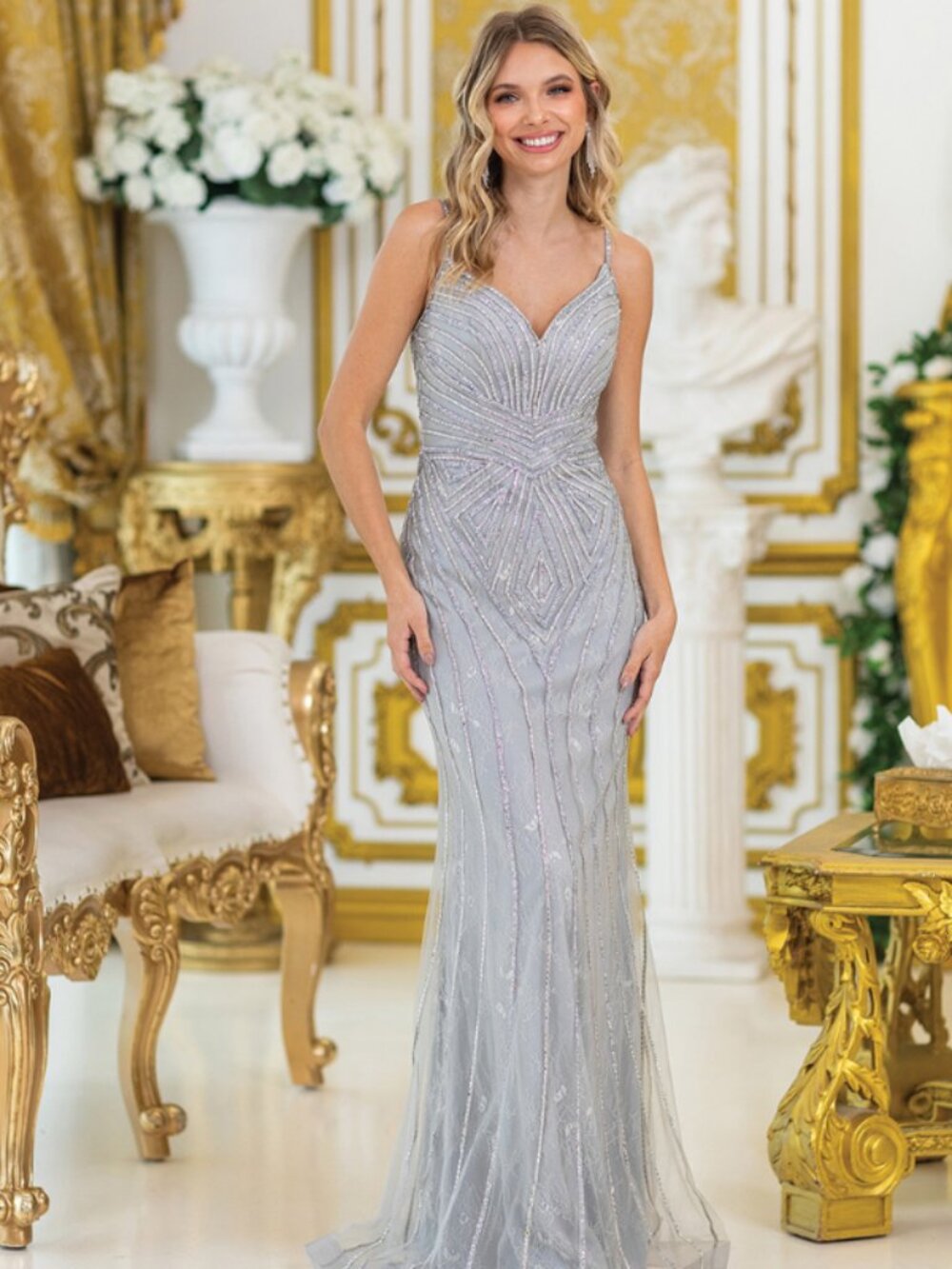 Clearance Silver Size M Spaghetti Strap Evening Gown by Dancing Queen 4487
